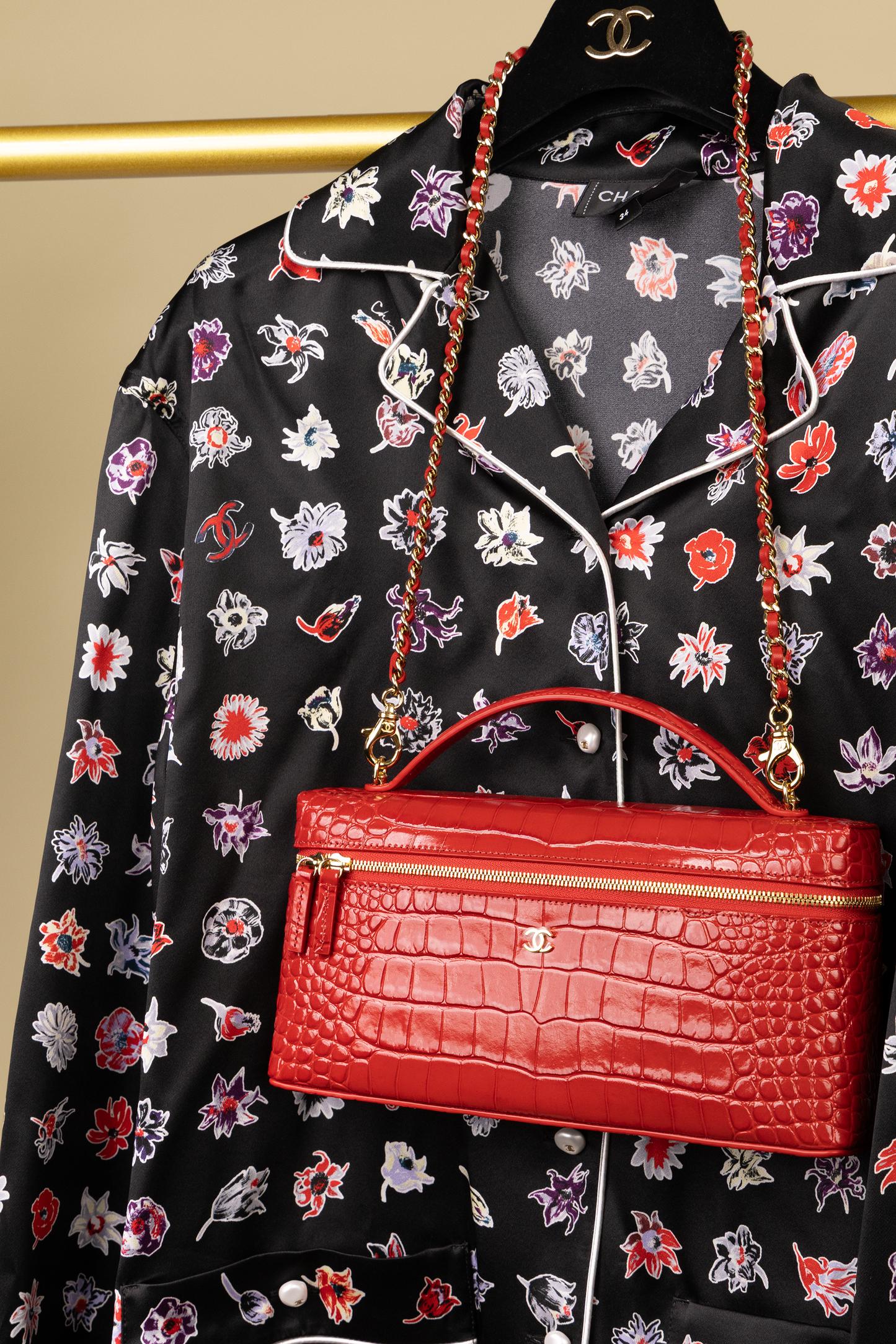 Chanel Silk Stamped Pajama Set & Red Crocodile Embossed Vanity Case with Chain
