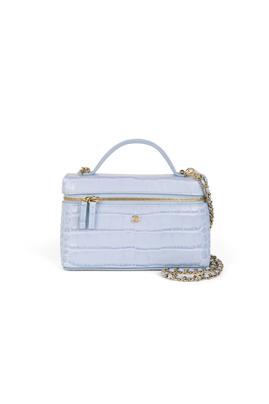 Chanel Light Blue Crocodile Embossed Vanity Case with Chain