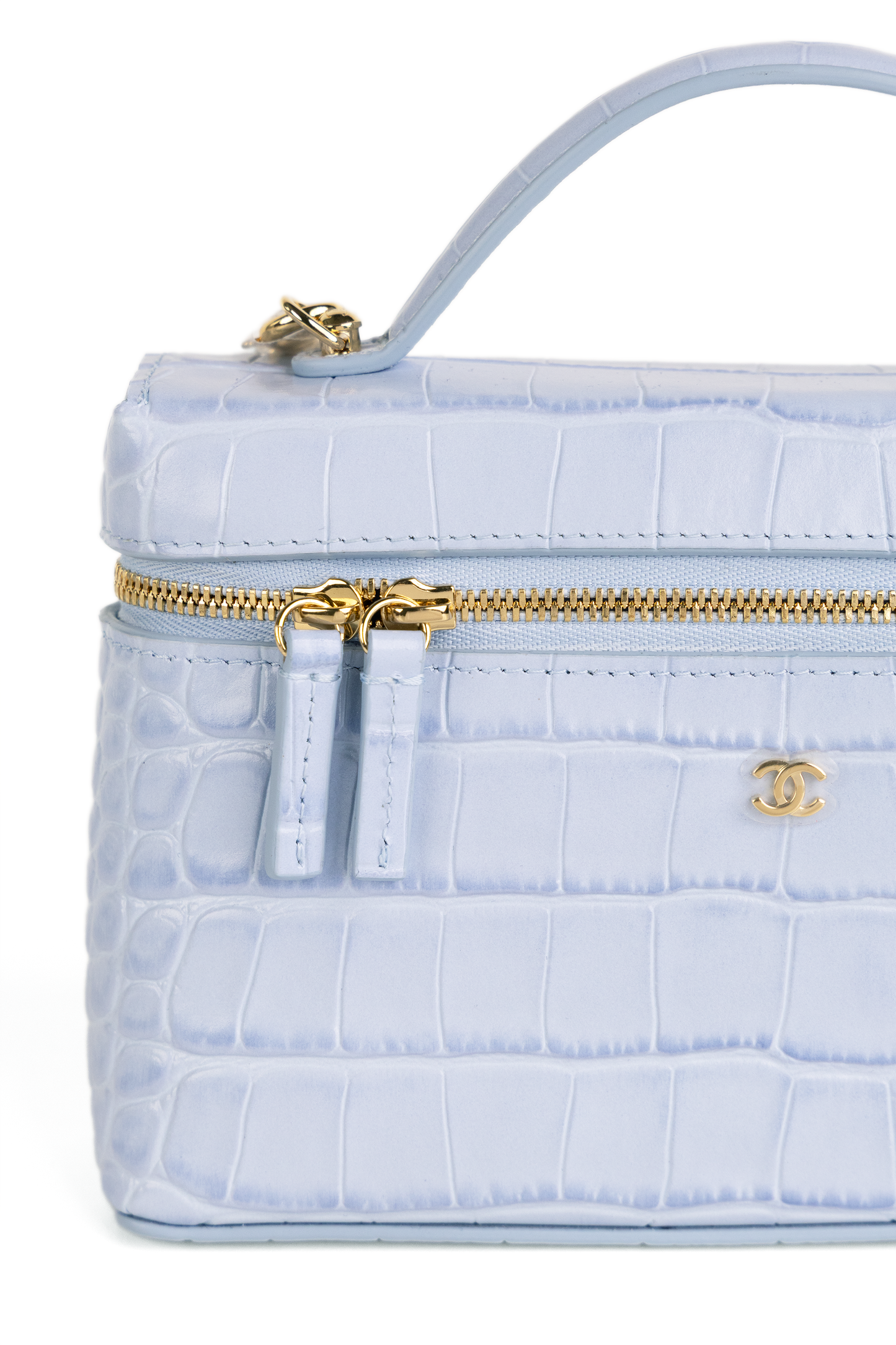 Chanel Light Blue Crocodile Embossed Vanity Case with Chain