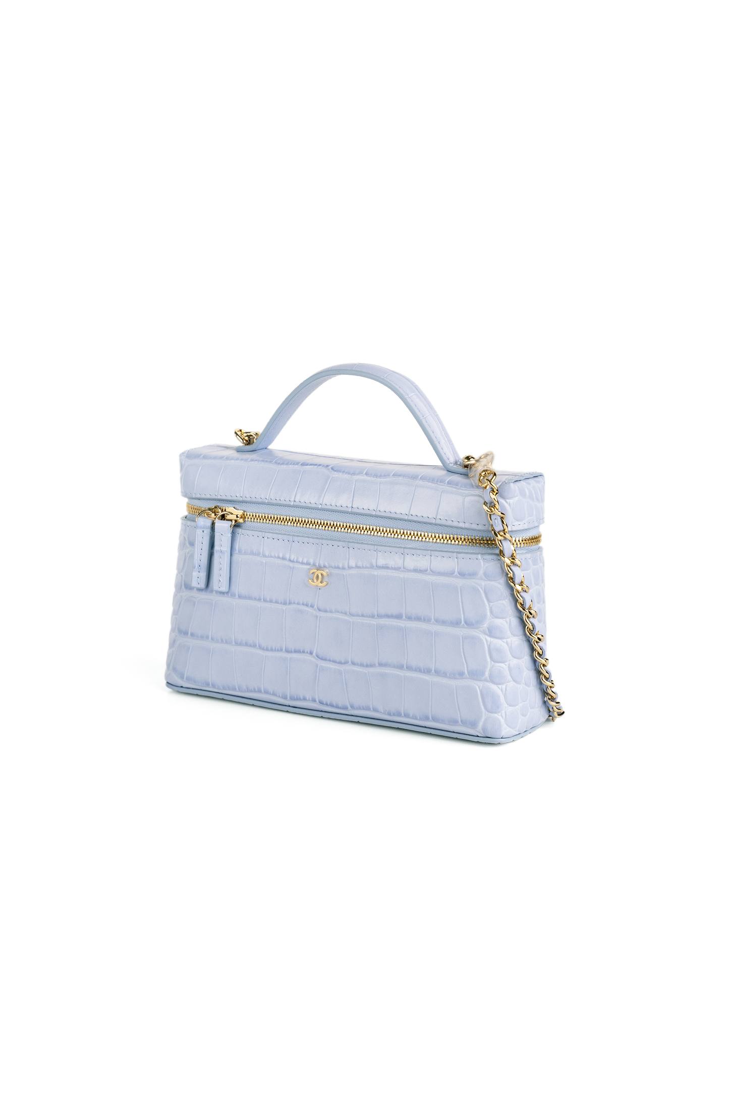 Chanel Light Blue Crocodile Embossed Vanity Case with Chain