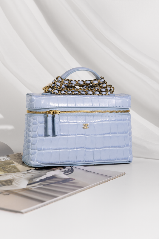 Chanel Light Blue Crocodile Embossed Vanity Case with Chain