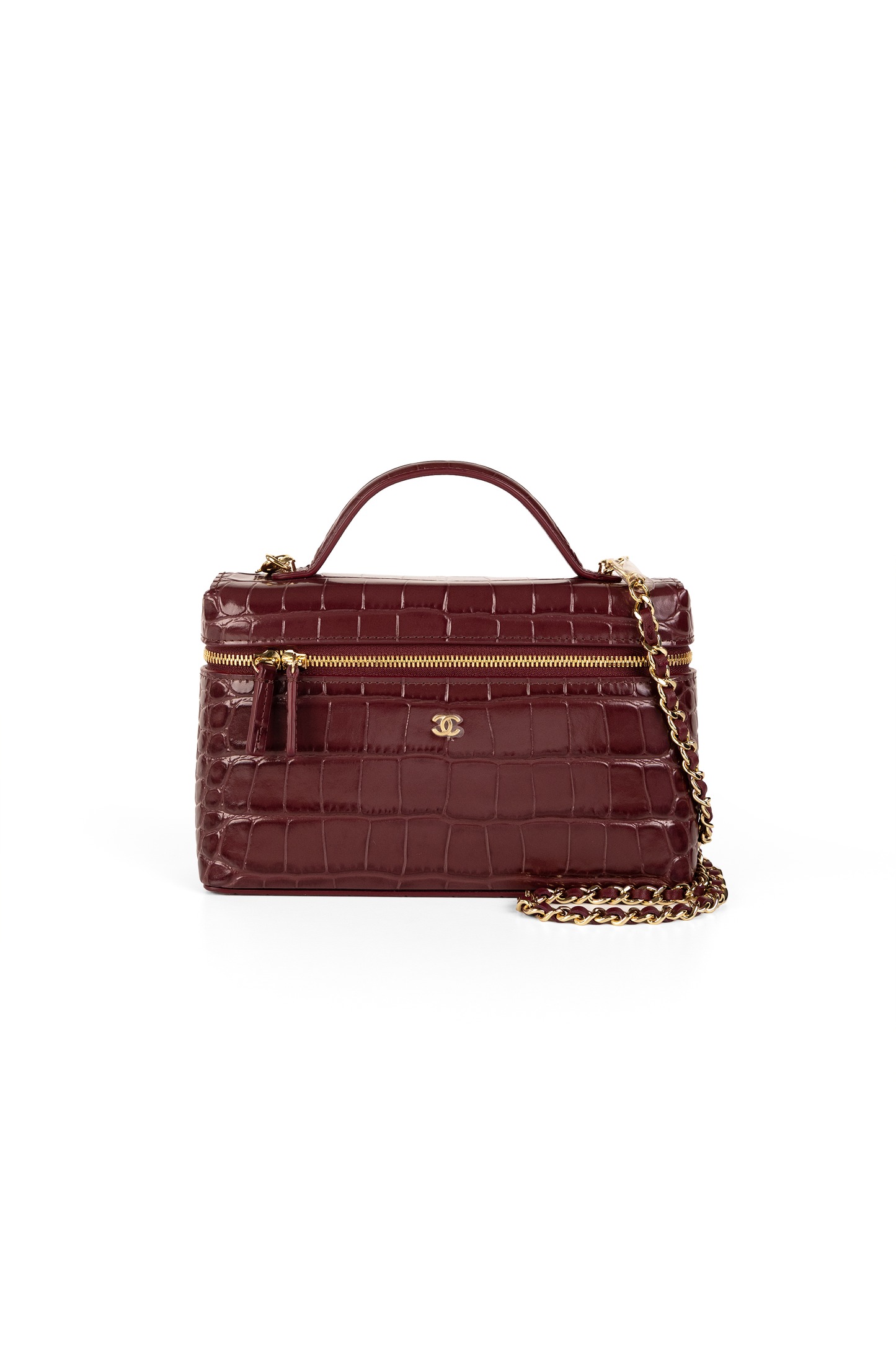 Chanel Burgundy Crocodile Embossed Vanity Case with Chain