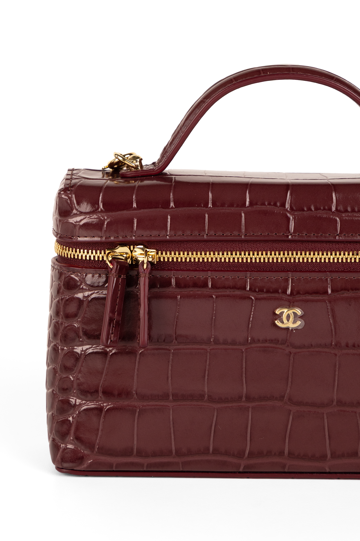 Chanel Burgundy Crocodile Embossed Vanity Case with Chain