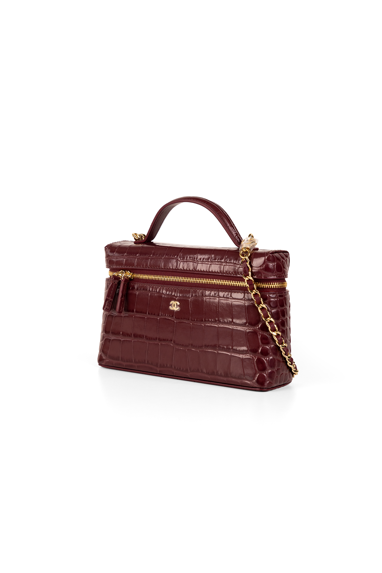 Chanel Burgundy Crocodile Embossed Vanity Case with Chain