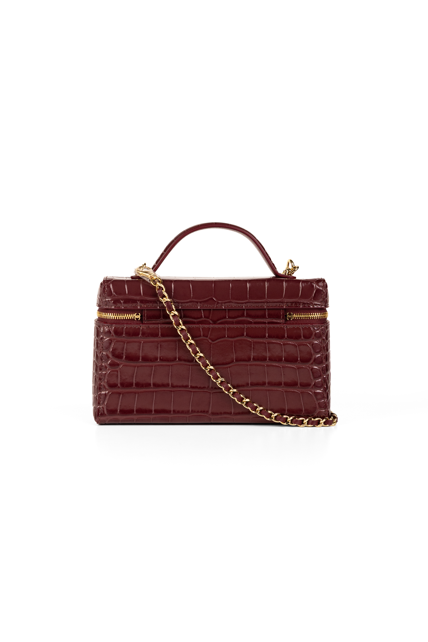 Chanel Burgundy Crocodile Embossed Vanity Case with Chain