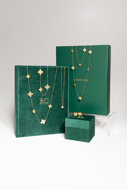Roberto Coin Princess Flower Station Yellow Gold Diamond Necklace and Venetian Flower Diamond Stud Earrings