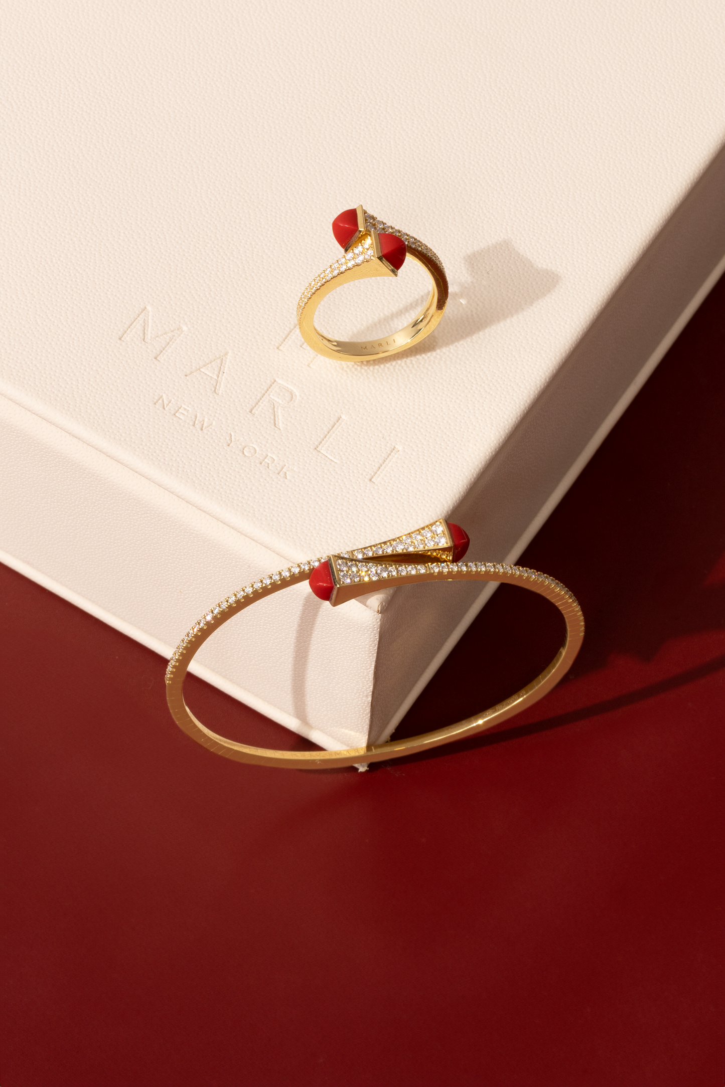 Marli Cleo Rose Gold Diamond / Red Agate Slim Slip-On Bracelet and Ring