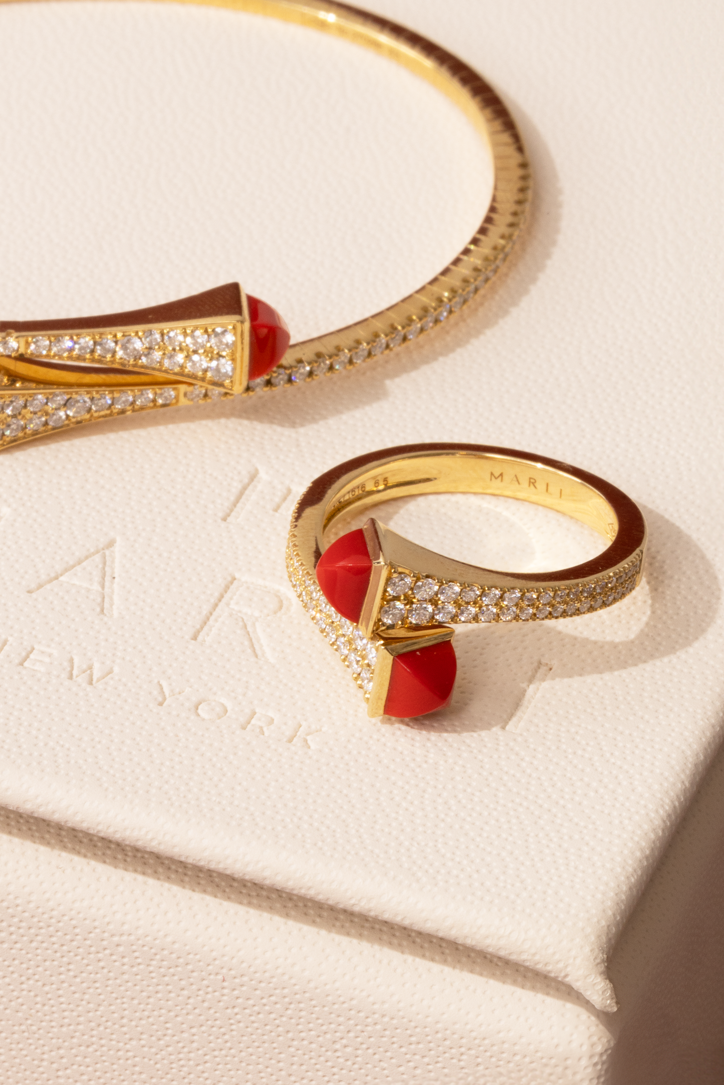 Marli Cleo Rose Gold Diamond / Red Agate Slim Slip-On Bracelet and Ring