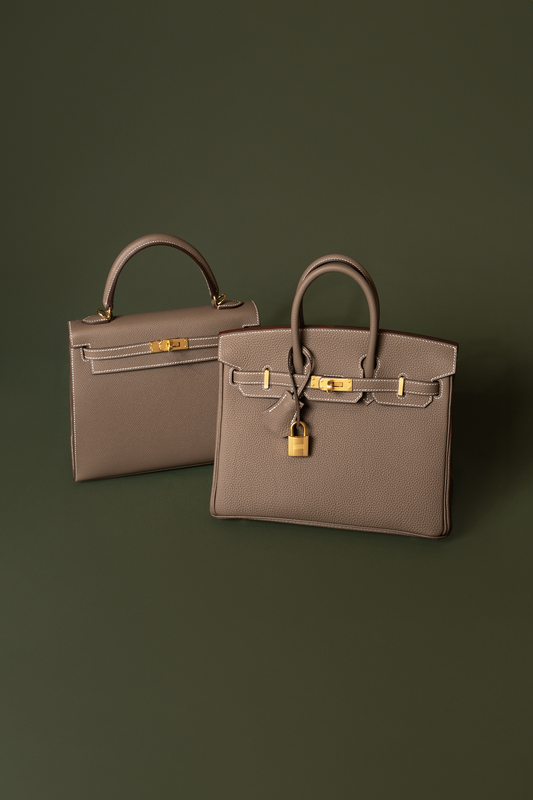 Hermès Kelly 25 Epsom & Birkin 25 Togo in Etoupe GHW