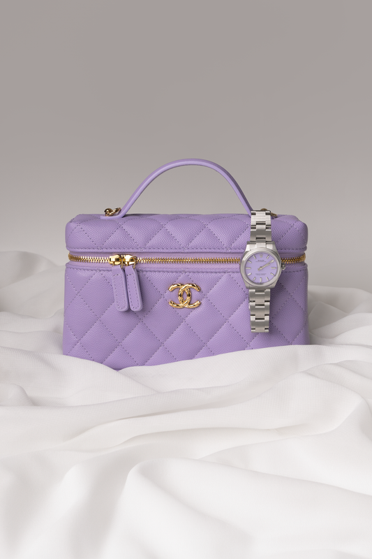 Chanel Vanity Case with Chain in Lavender & Rolex Oyster Perpetual Lavender Dial Watch
