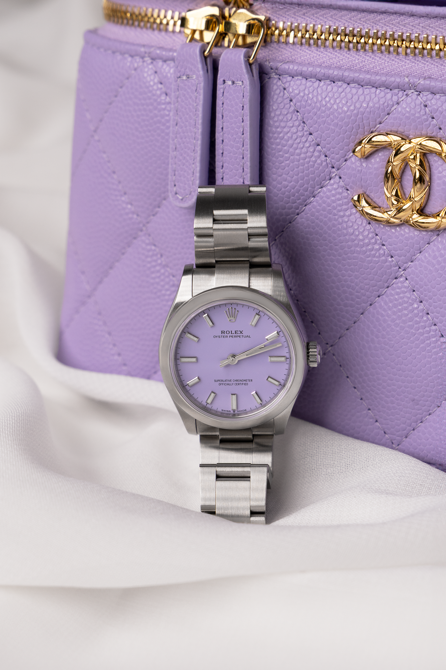 Chanel Vanity Case with Chain in Lavender & Rolex Oyster Perpetual Lavender Dial Watch