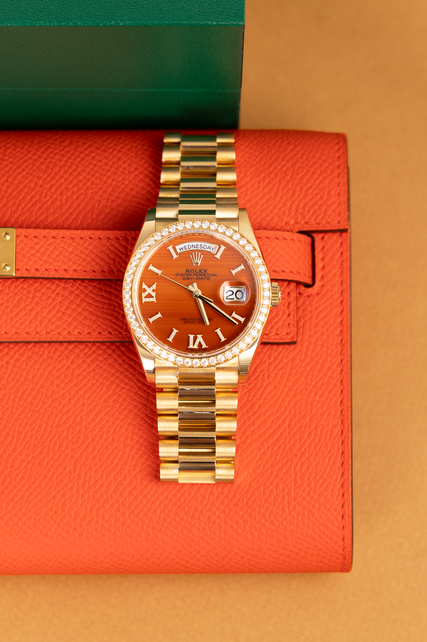 Hermès Kelly Wallet To Go Epsom in Capucine GHW & Rolex Oyster Perpetual Day-Date Orange Dial with Diamonds Watch