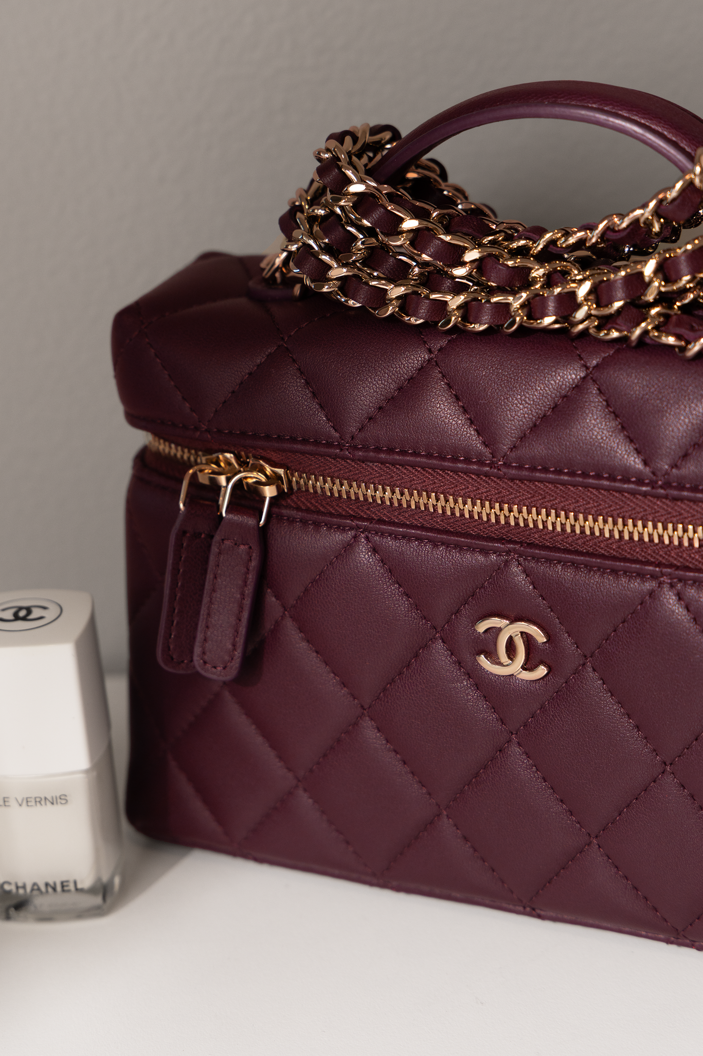 Chanel Vanity Case with Chain in Burgundy