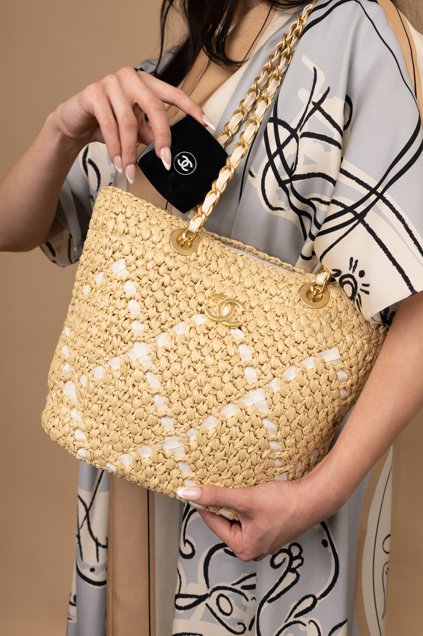Chanel Small Braided Raffia Shopping Bag in Beige & Ecru