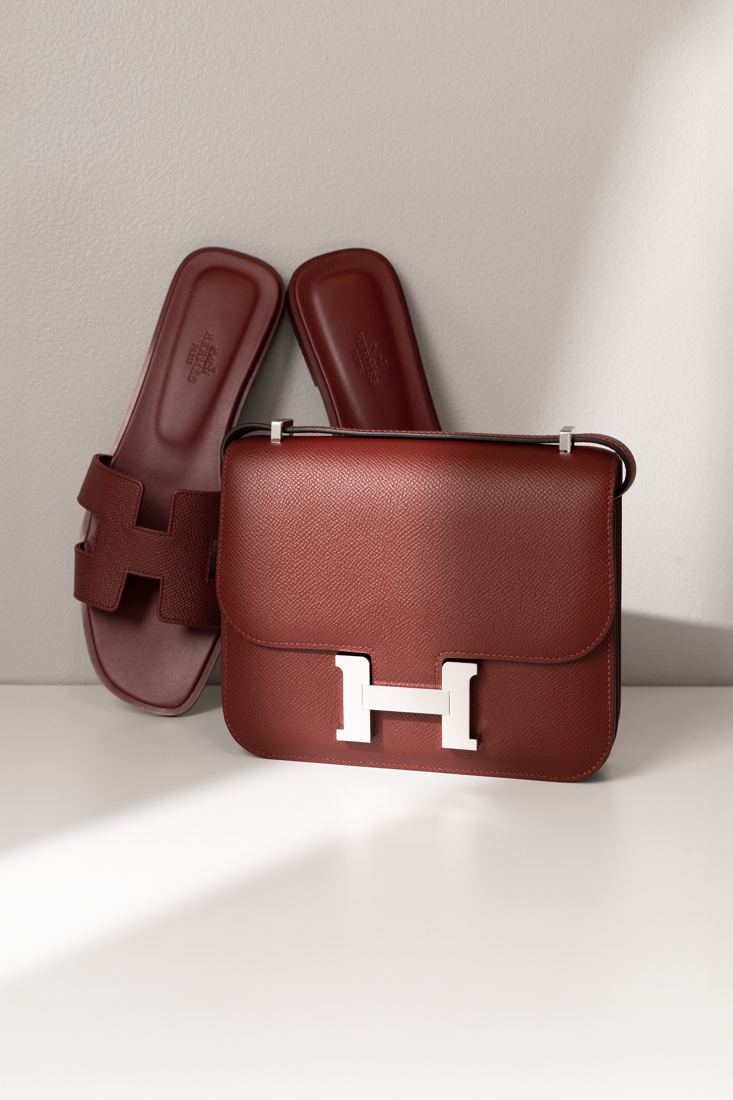 Hermès Constance 18 Epsom with Oran Epsom Sandals in Rouge H