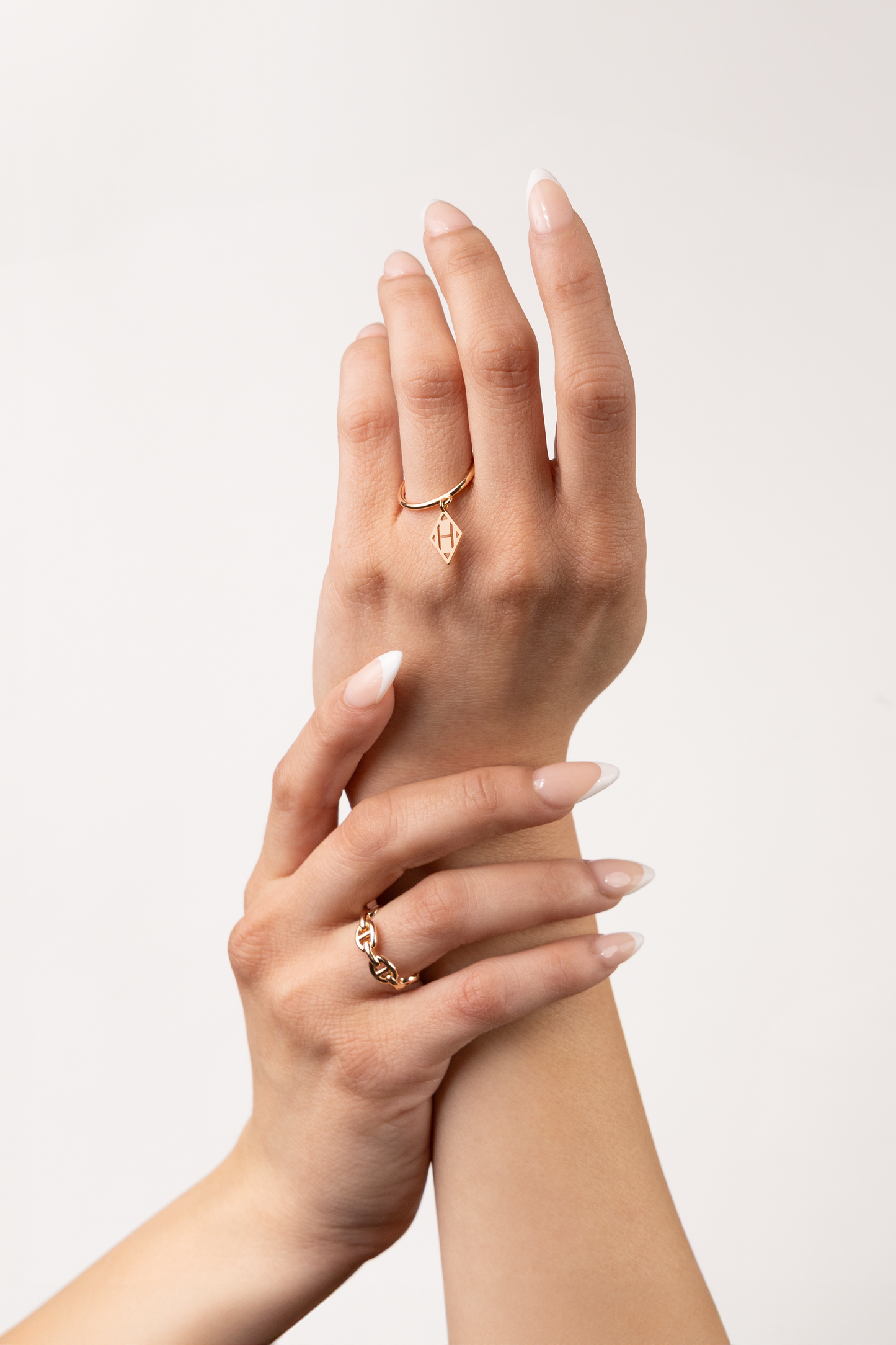 Hermès Rose Gold Ex-Libris H ring & Rose Gold Chain D'ancre Ring
