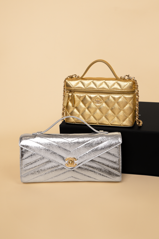 Chanel Silver Metallic Clutch & Vanity Case with Chain in Gold