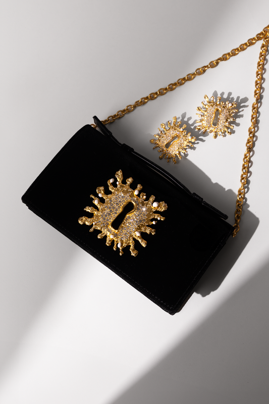 Schiaparelli Black Velvet Keyhole Bijoux Clutch with Chain & Gold-Plated Brass & Rhinestone Earrings