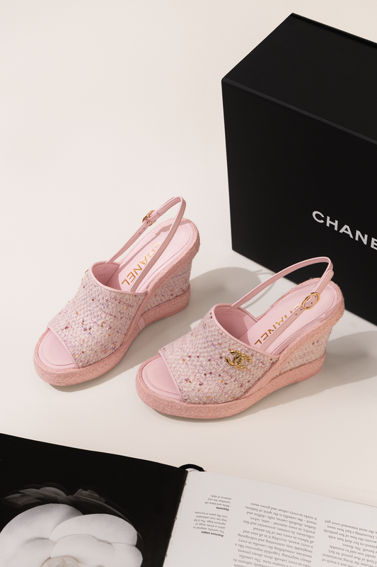 Chanel Rose Tweed Wedge Sandals