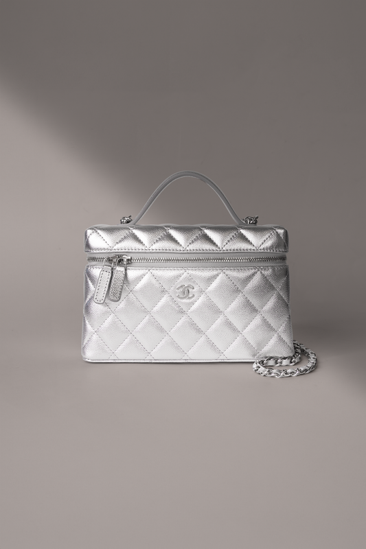 Chanel Vanity Case with Chain in Silver Metallic