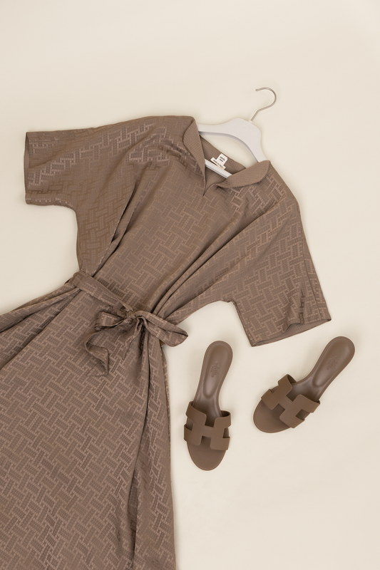 Hermès Mosaique Belted Caftan in Gris Etoupe with Oasis Sandals in Etoupe