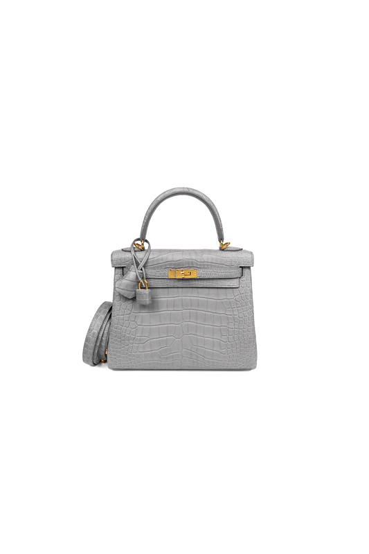 Kelly 25 Alligator in Gris Perle with Gold Hardware