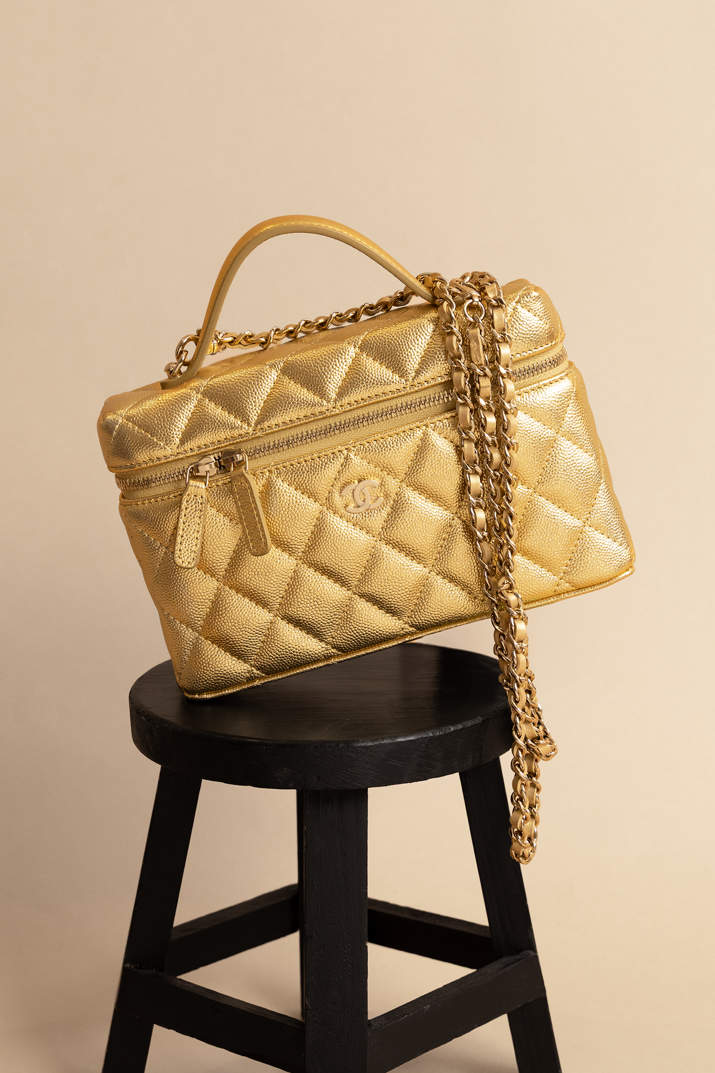 Chanel Vanity Case with Chain in Gold Metallic