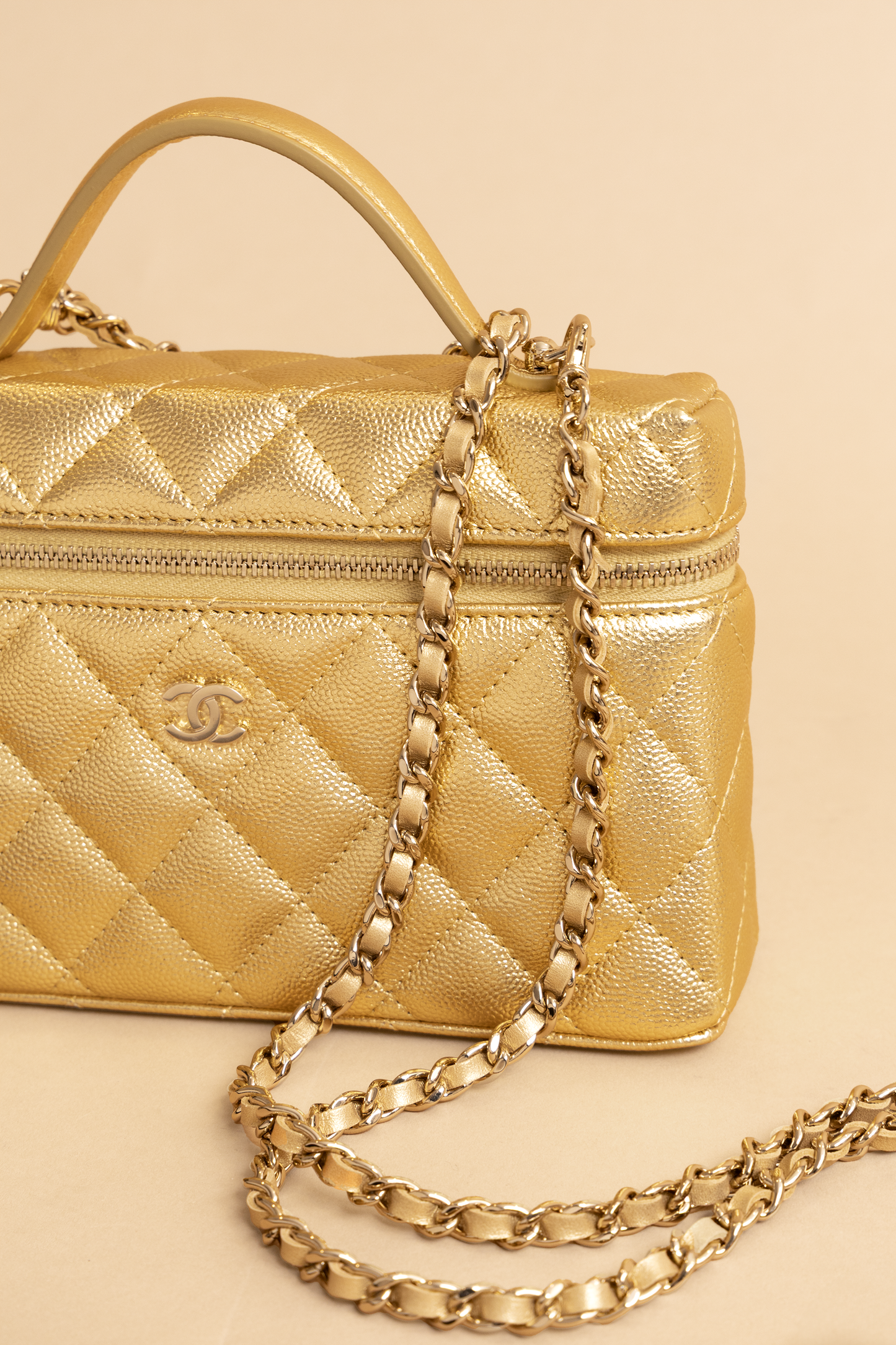 Chanel Vanity Case with Chain in Gold Metallic