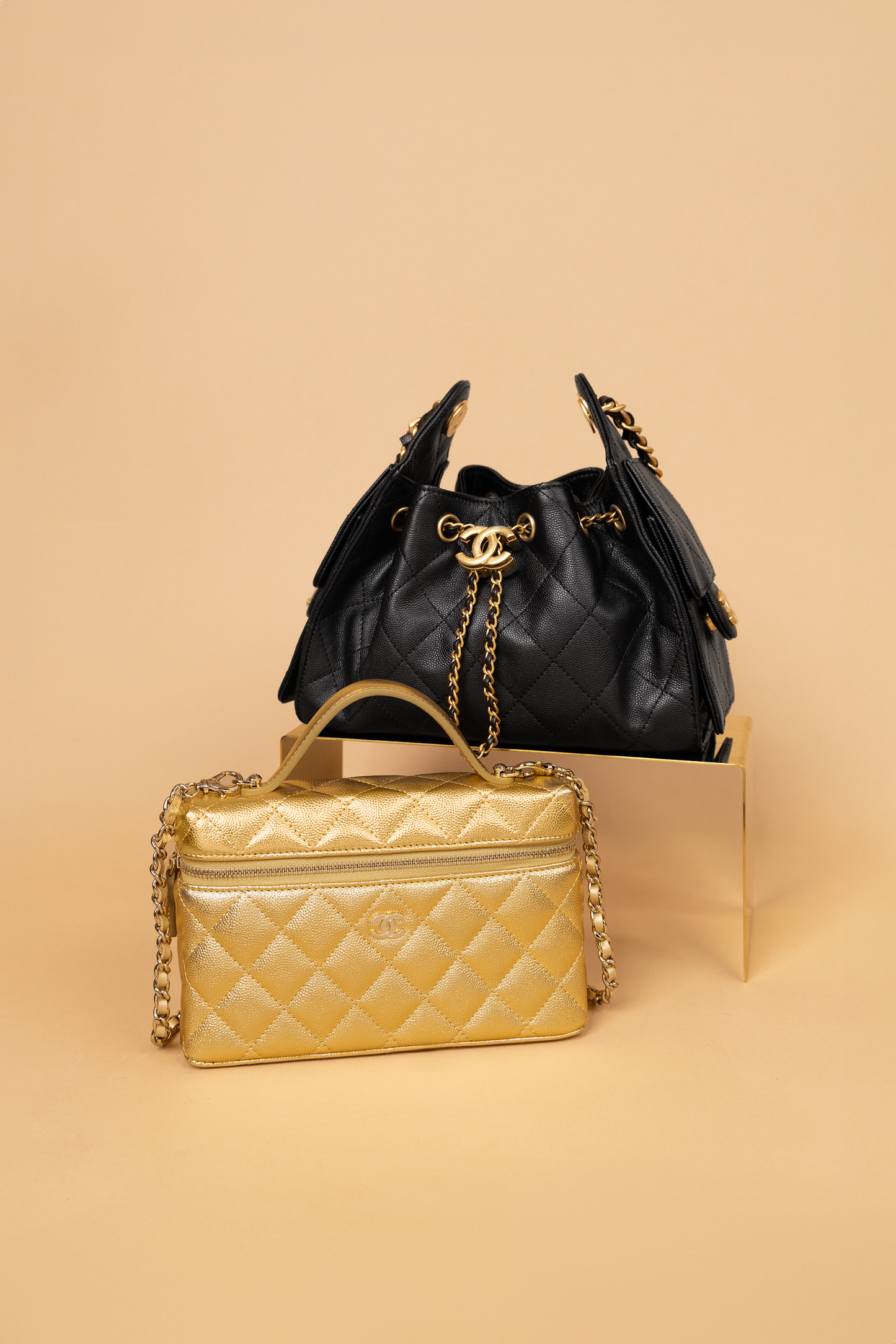 Chanel Vanity Case with Chain in Dore & Mini Hobo 25 Black