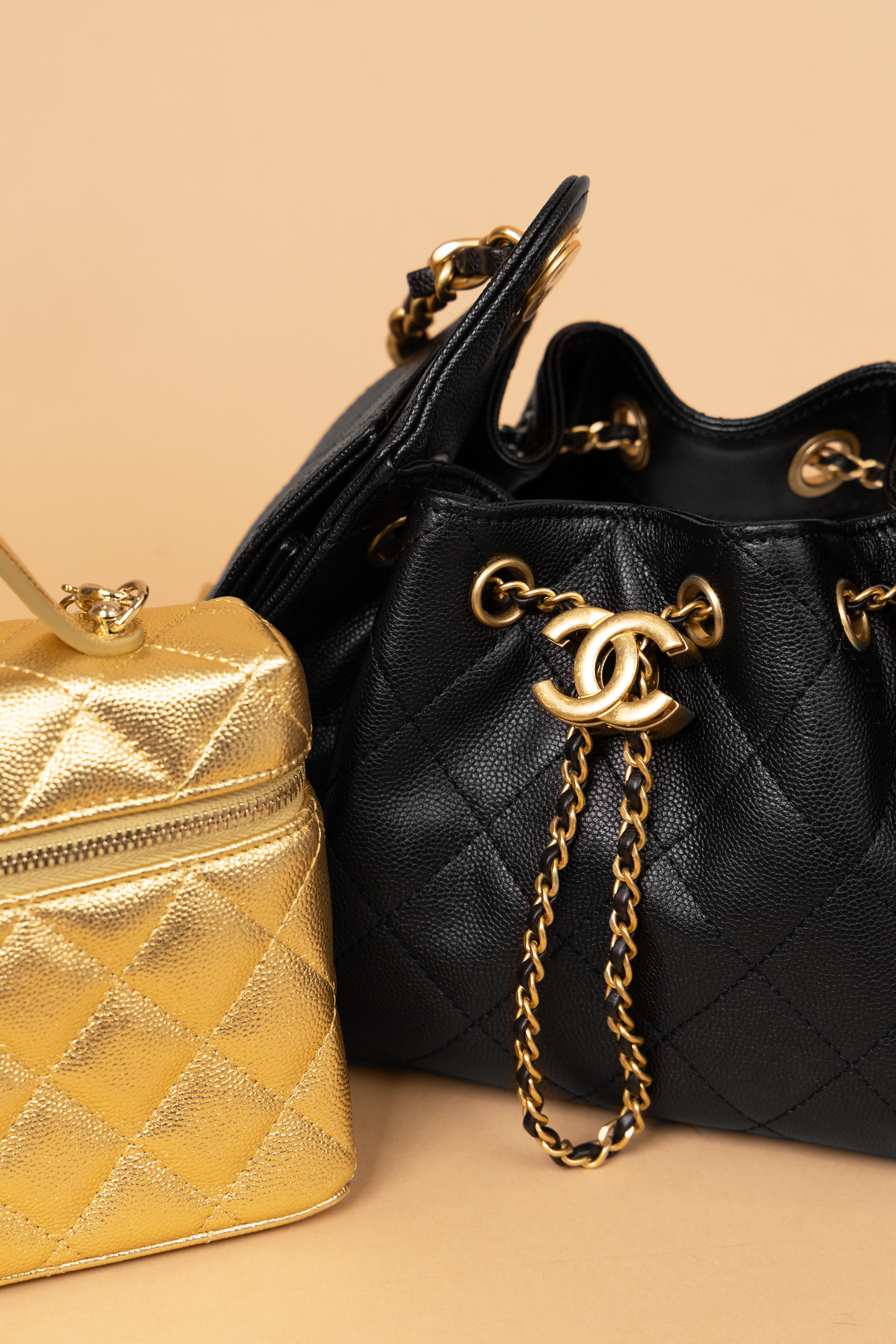 Chanel Vanity Case with Chain in Dore & Mini Hobo 25 Black
