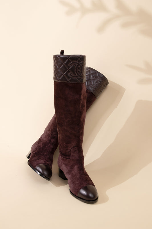 Chanel Suede CC Knee High Boots Burgundy