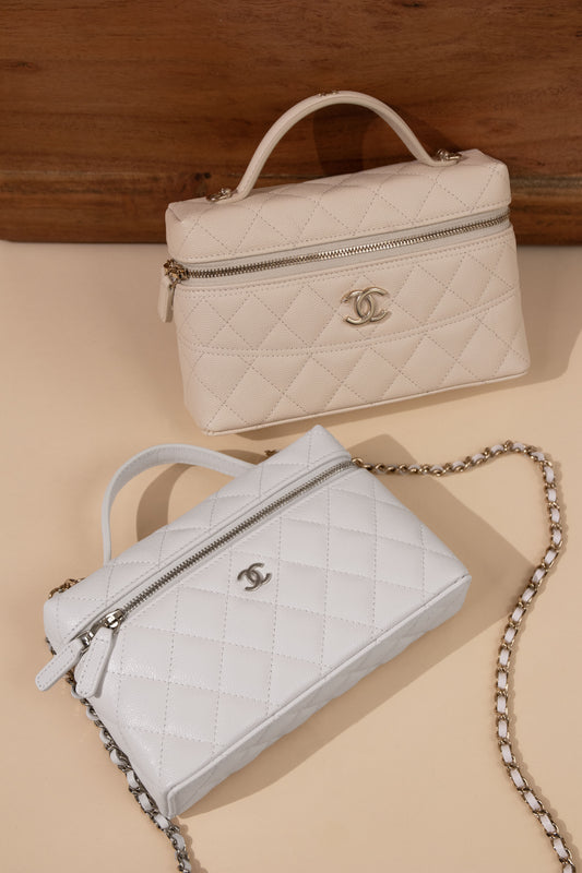 Chanel - White & Beige Vanity with Chain & Top Handle