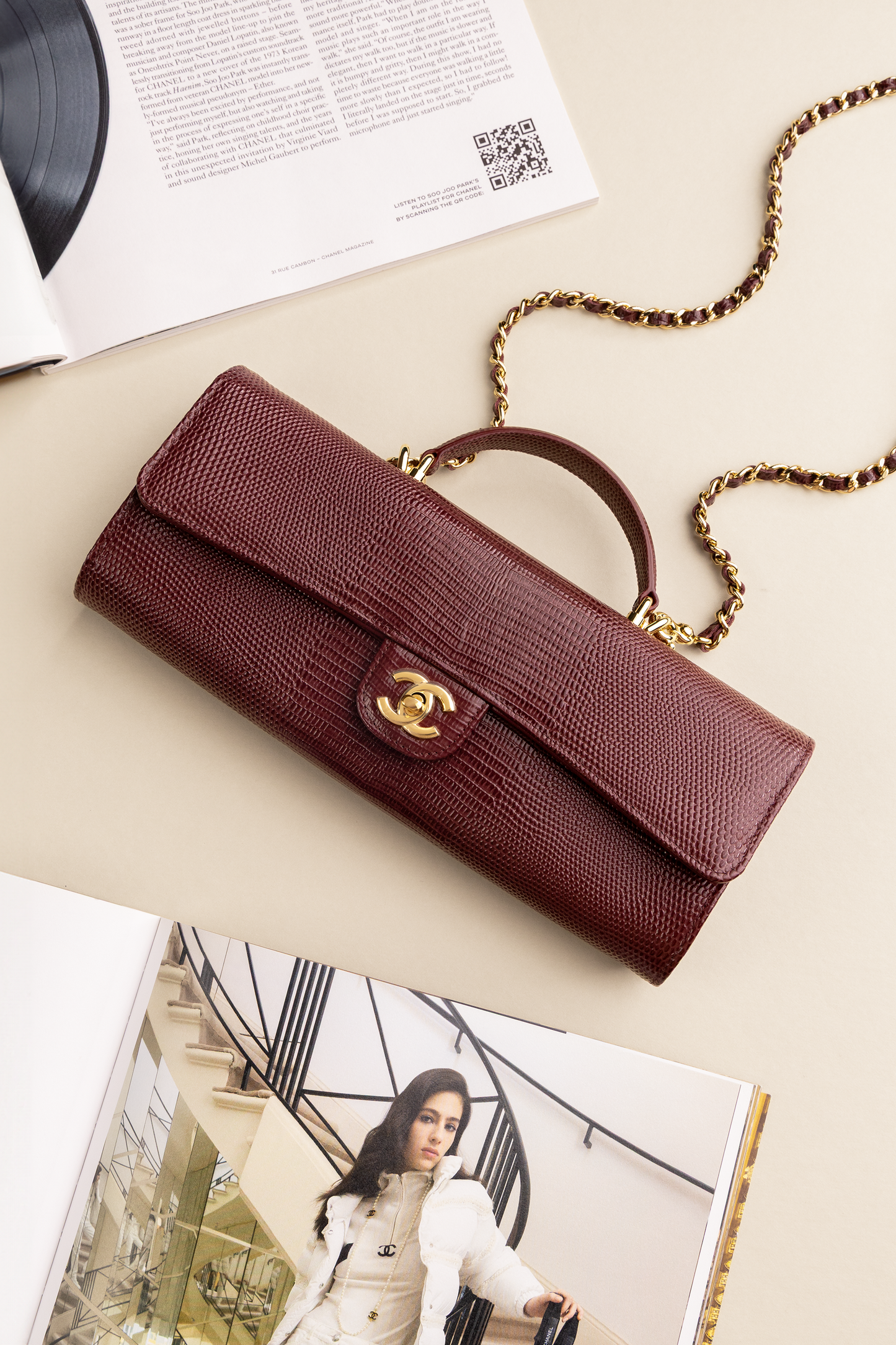 Chanel Clutch with Top Handle & Chain in Burgundy Lizard