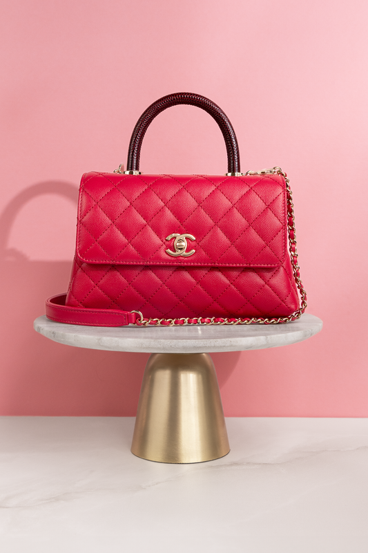 Chanel Small Coco Handle Caviar Raspberry with Embossed Lizard Handle