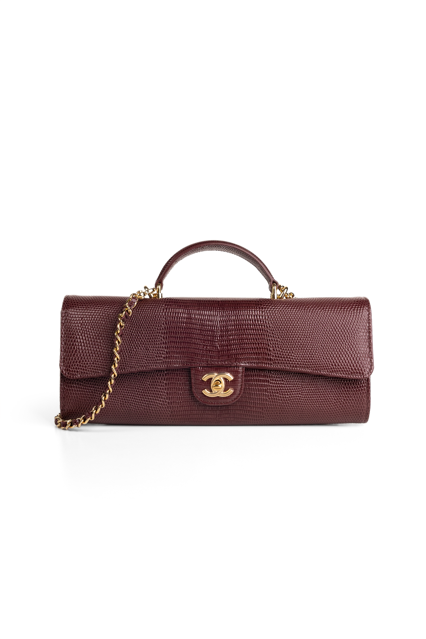 Chanel Clutch with Top Handle & Chain in Burgundy Lizard