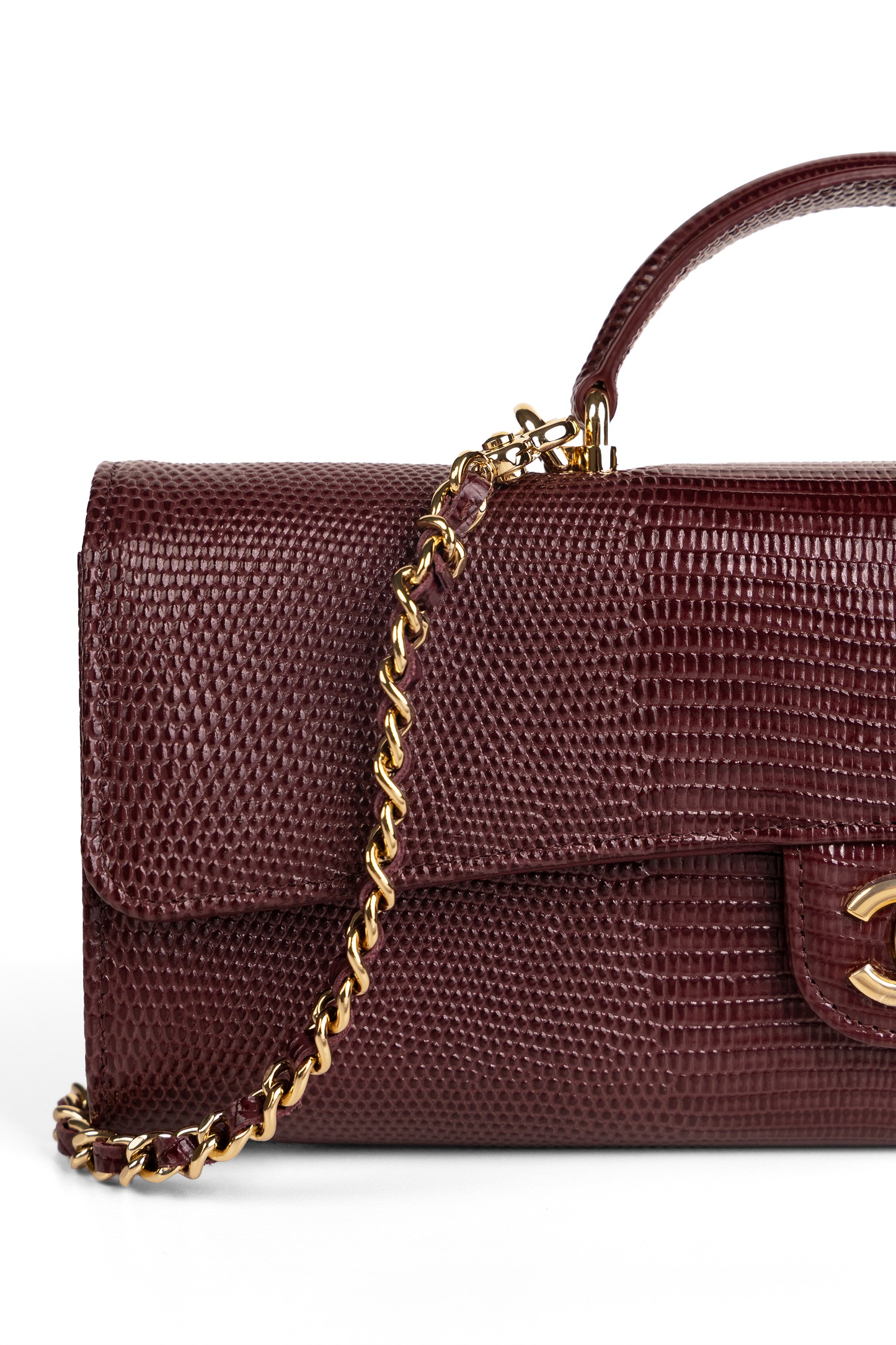 Chanel Clutch with Top Handle & Chain in Burgundy Lizard