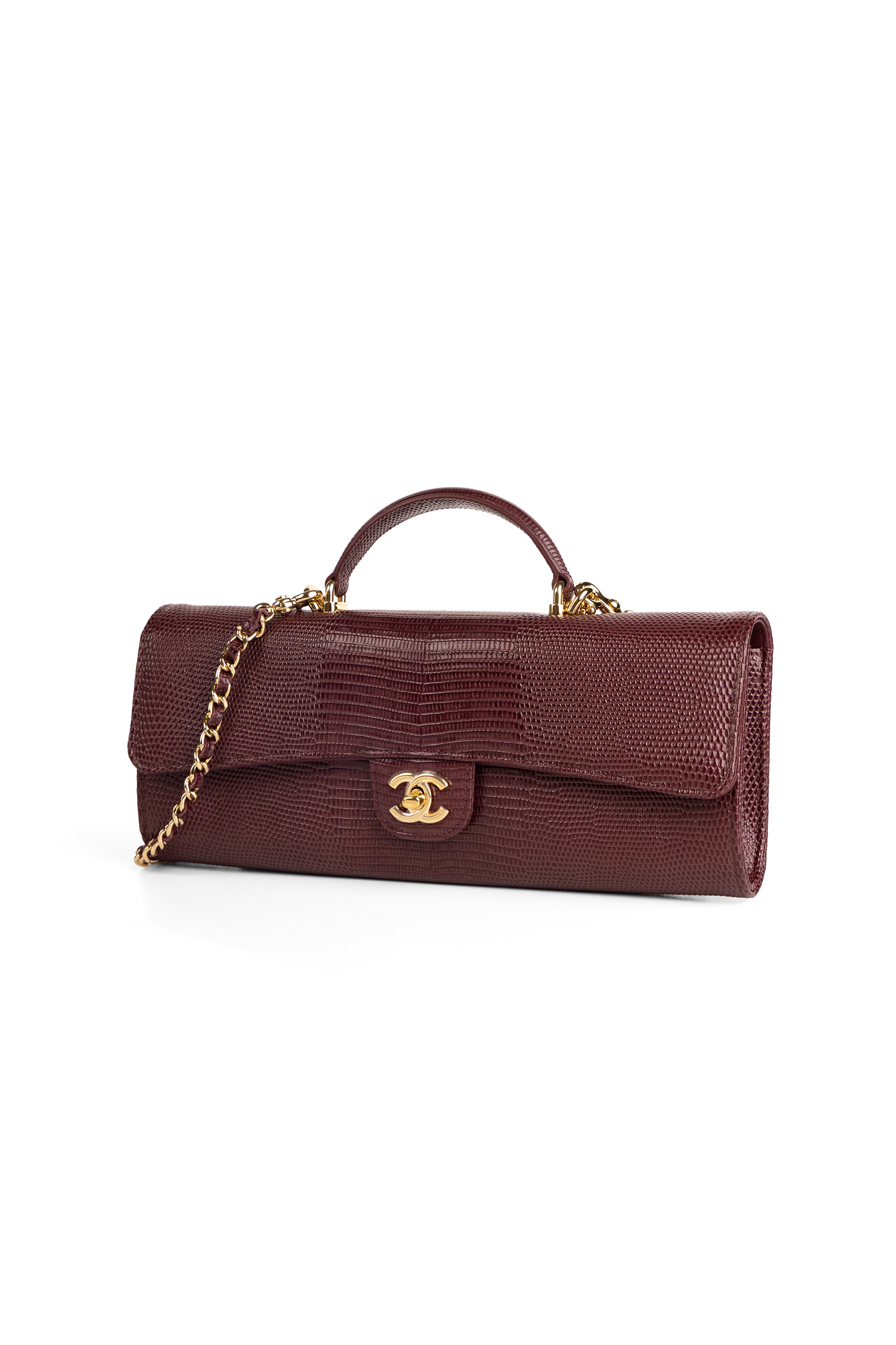 Chanel Clutch with Top Handle & Chain in Burgundy Lizard