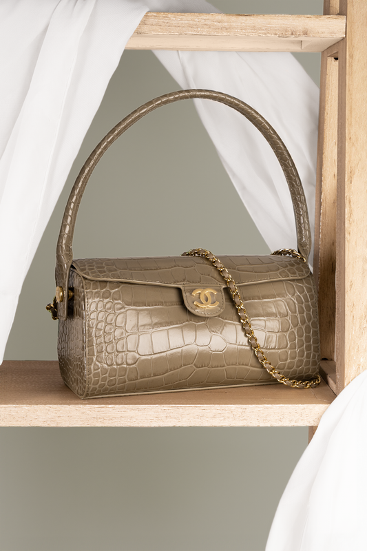 Chanel Croc Embossed Clutch with Chain in Dark Khaki