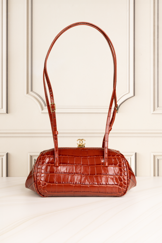 Chanel Croc Embossed Clutch with Strap in Burgundy