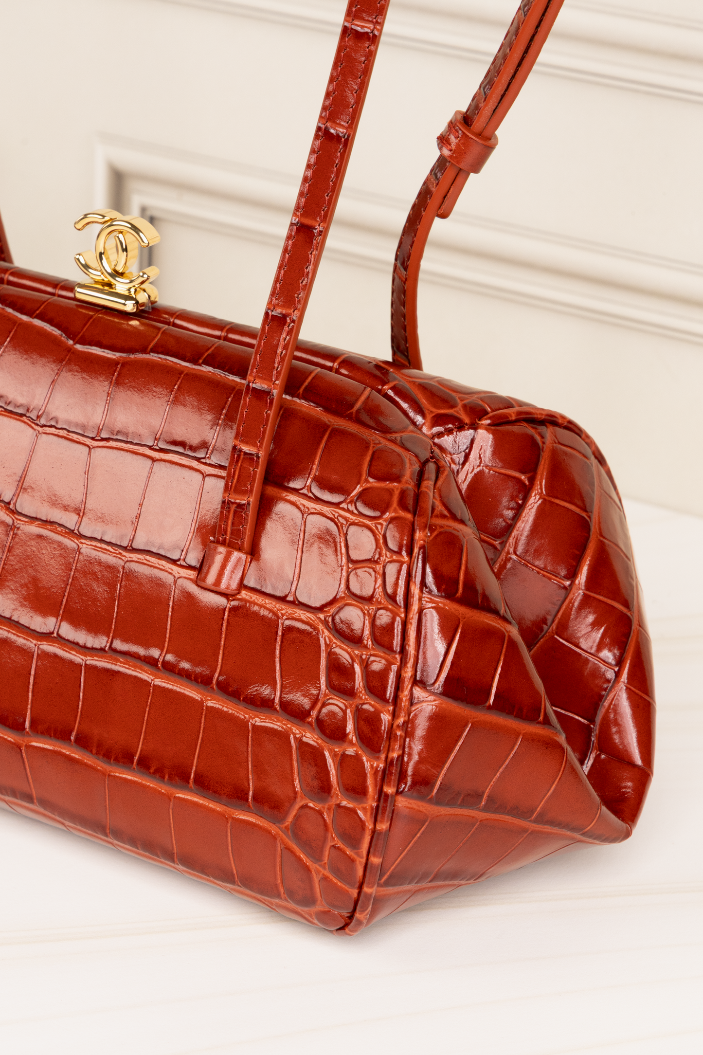 Chanel Croc Embossed Clutch with Strap in Burgundy