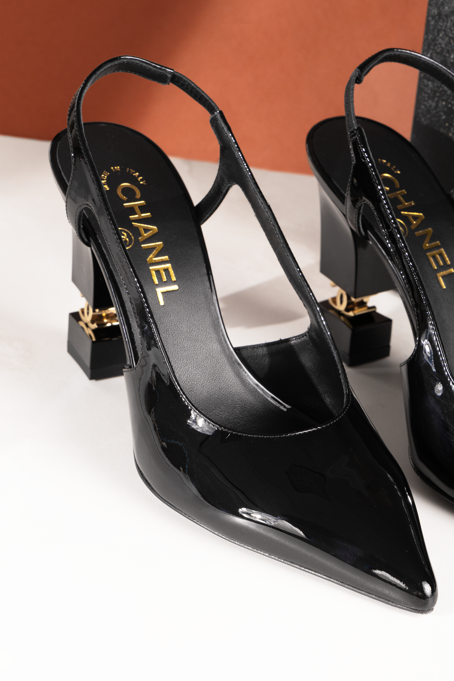 Chanel Black Shiny Patent Calfskin Slingbacks