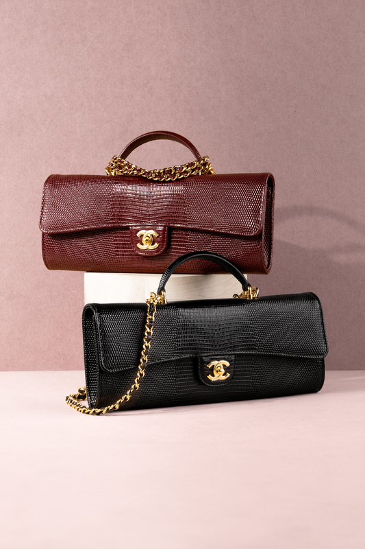 Chanel Clutch with Top Handle & Chain in Burgundy and Black Lizard