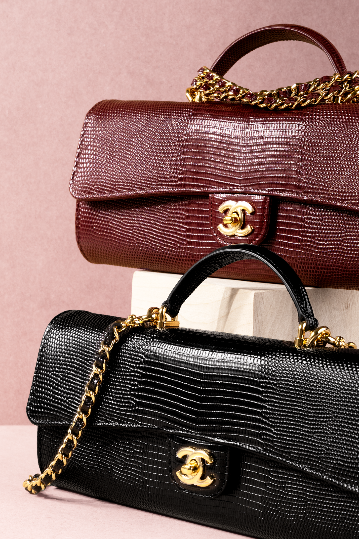 Chanel Clutch with Top Handle & Chain in Burgundy and Black Lizard