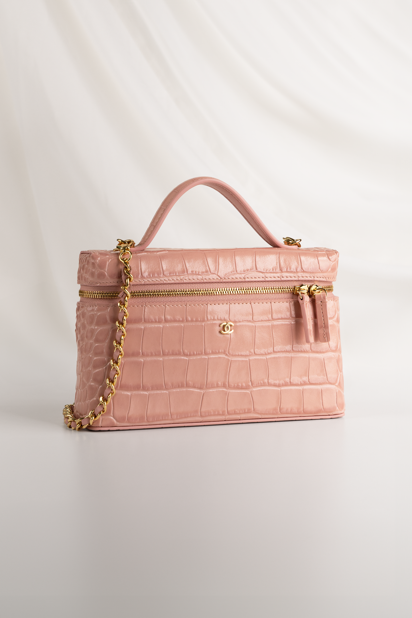 Chanel Light Pink Crocodile Embossed Vanity Case with Chain