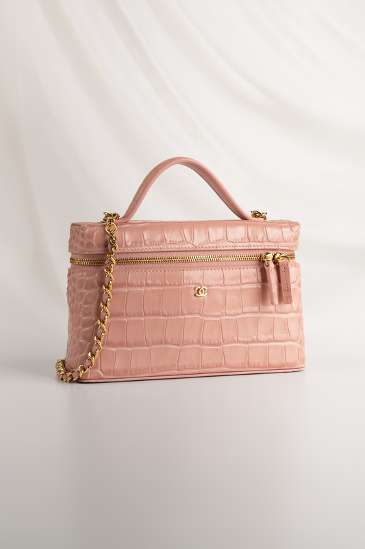 Chanel Light Pink Crocodile Embossed Vanity Case with Chain