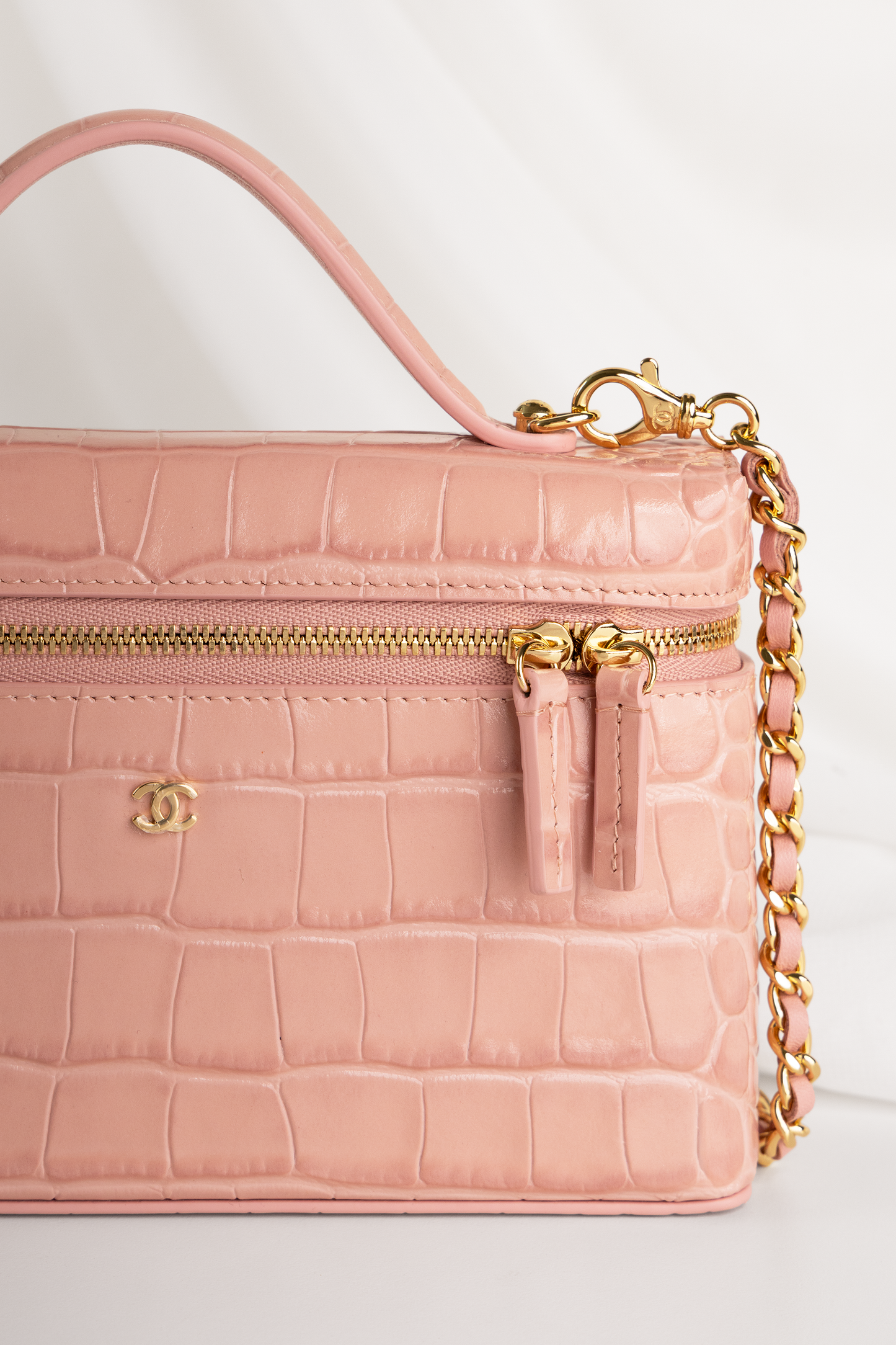 Chanel Light Pink Crocodile Embossed Vanity Case with Chain