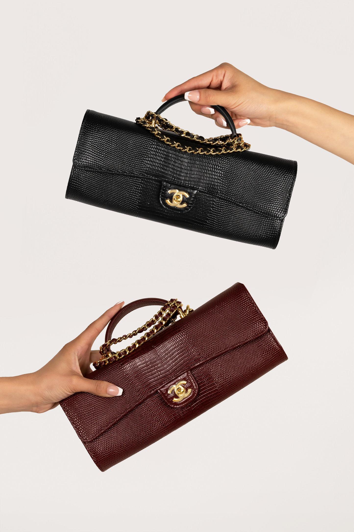Chanel Clutch with Top Handle & Chain in Burgundy and Black Lizard
