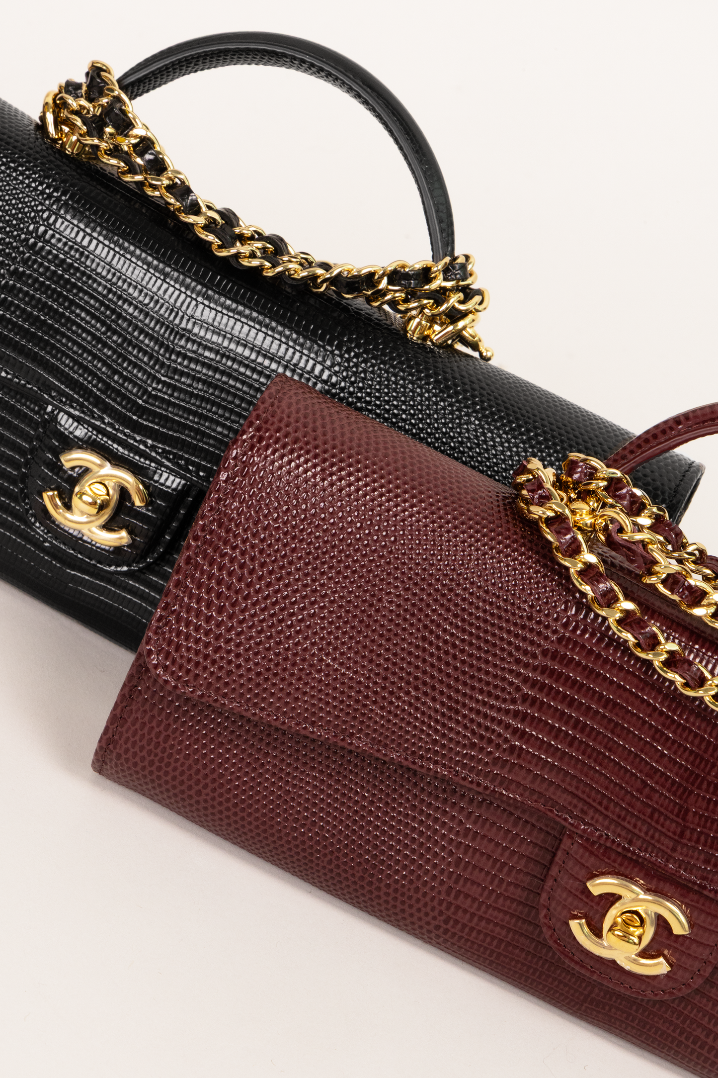 Chanel Clutch with Top Handle & Chain in Burgundy and Black Lizard