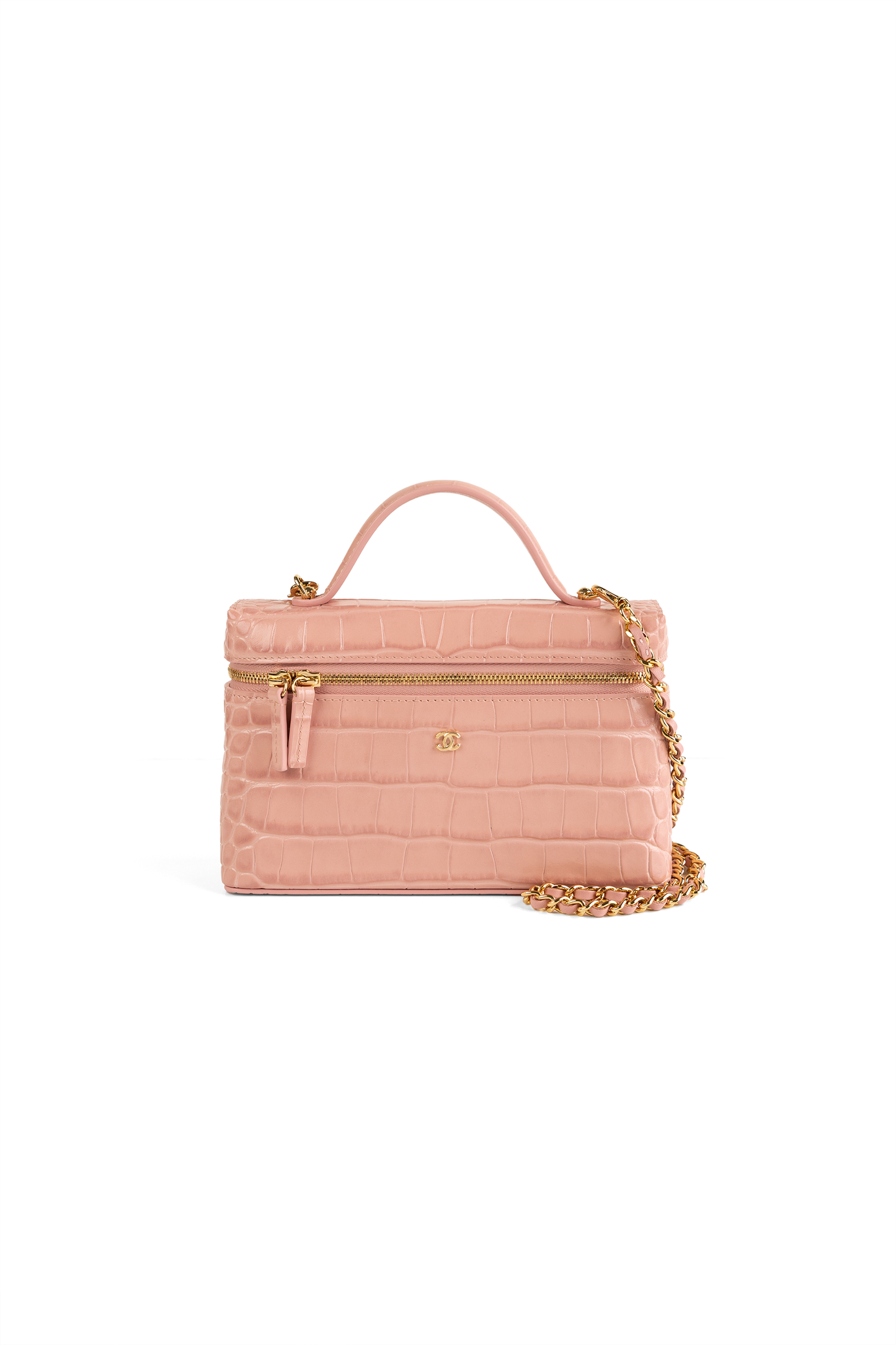 Chanel Light Pink Crocodile Embossed Vanity Case with Chain
