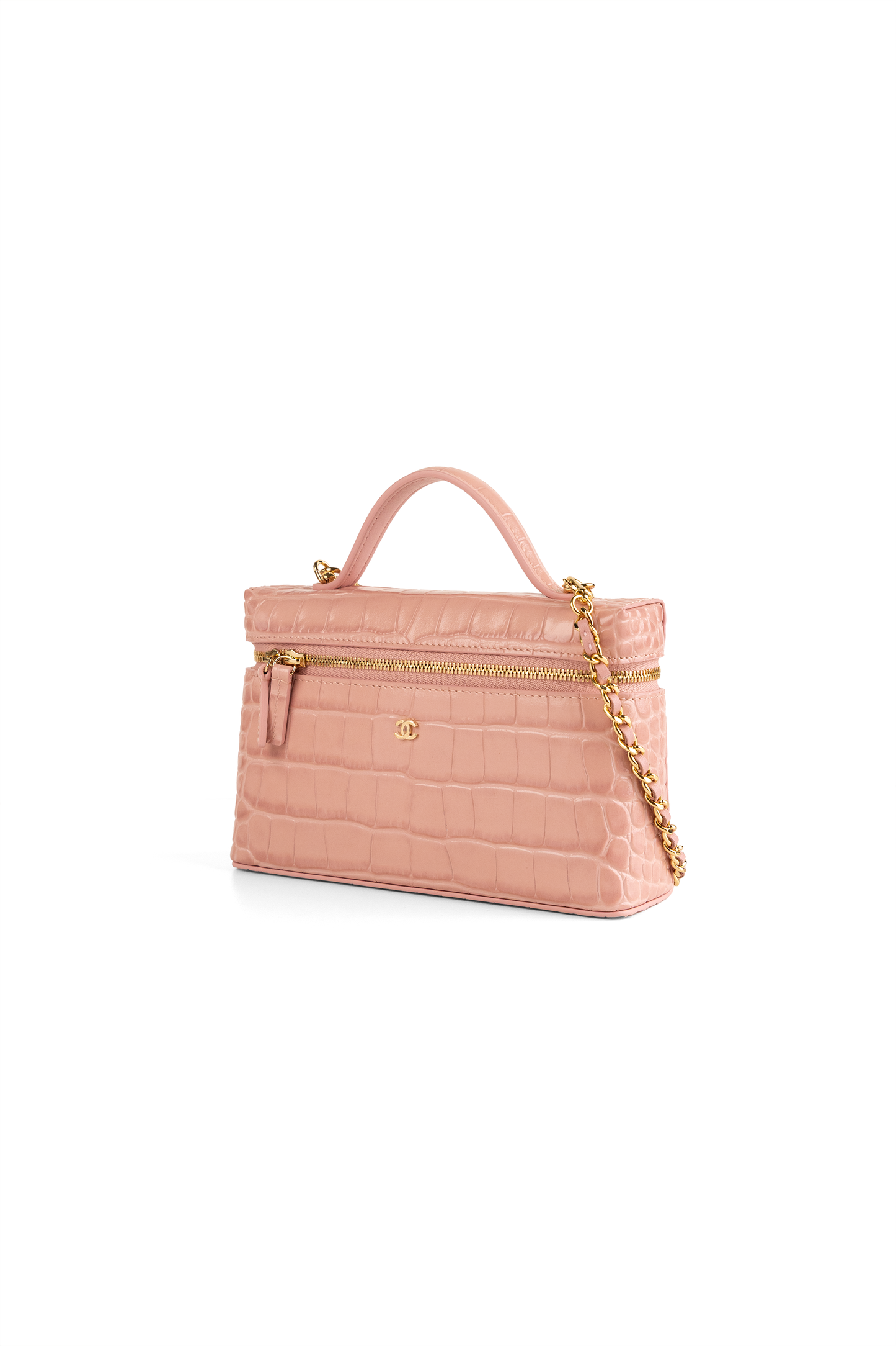 Chanel Light Pink Crocodile Embossed Vanity Case with Chain